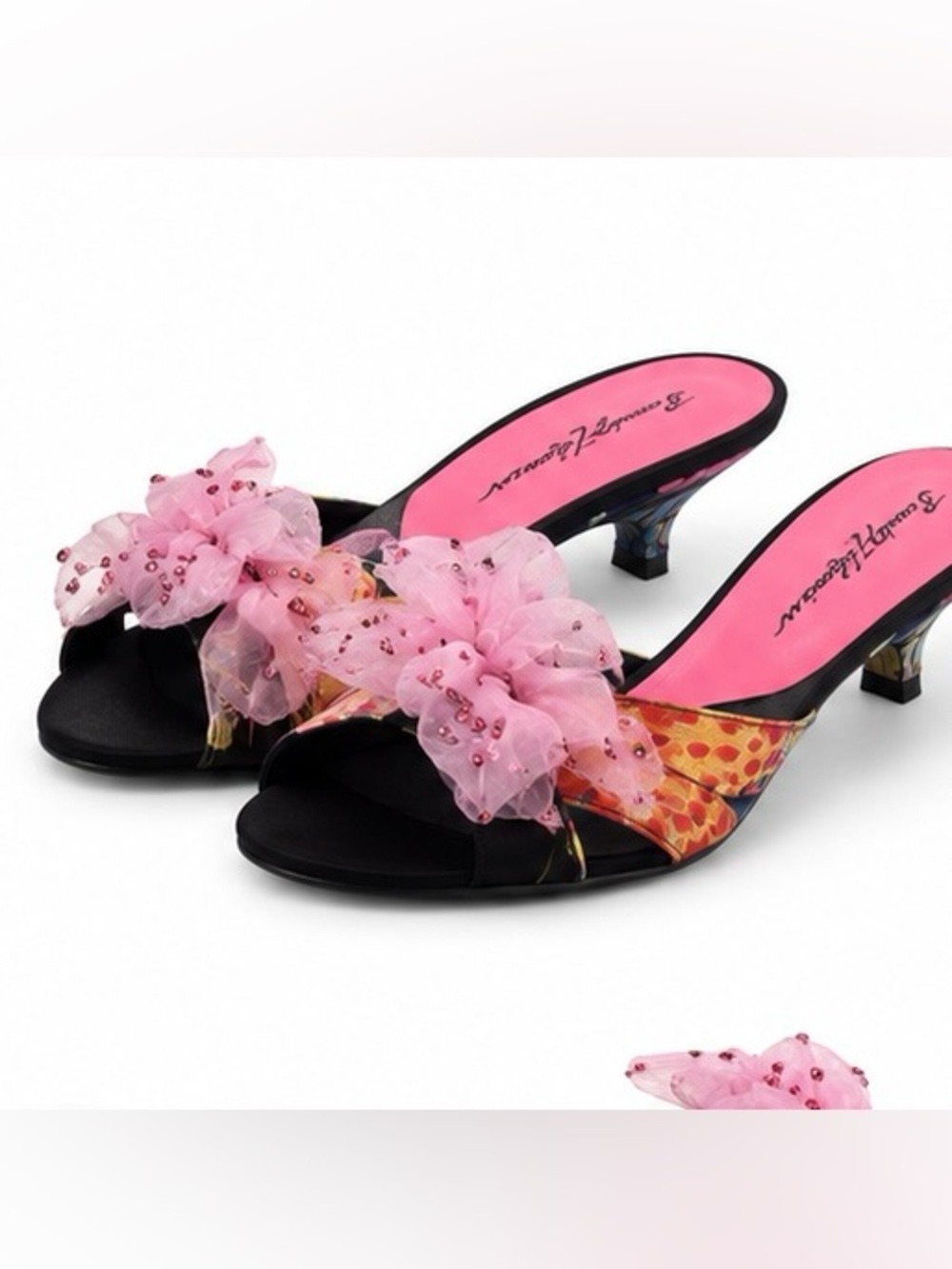 Beverly Feldman Size 8.5 Floral Kitten Heel Slide Sandals NIB Pink Beaded Flower